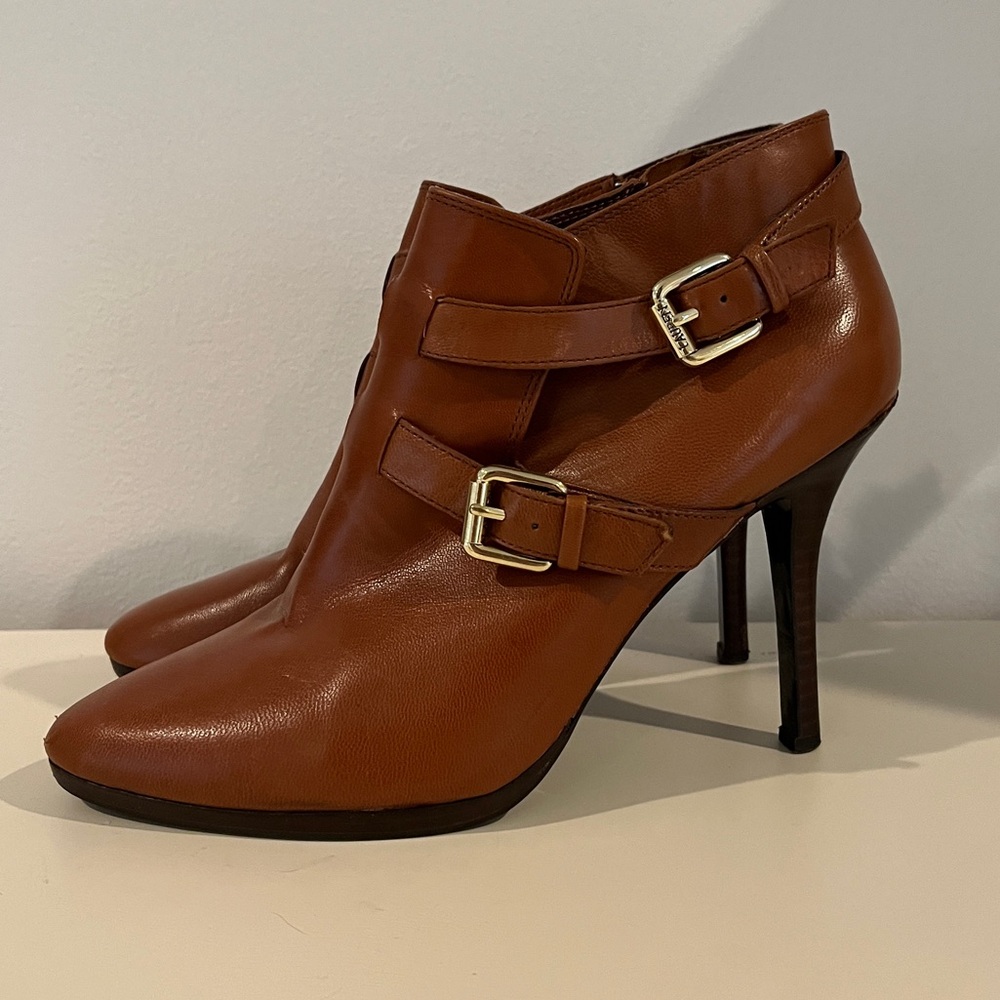 Lauren Ralph Lauren Cognac Leather Ankle Booties with Gold Buckles